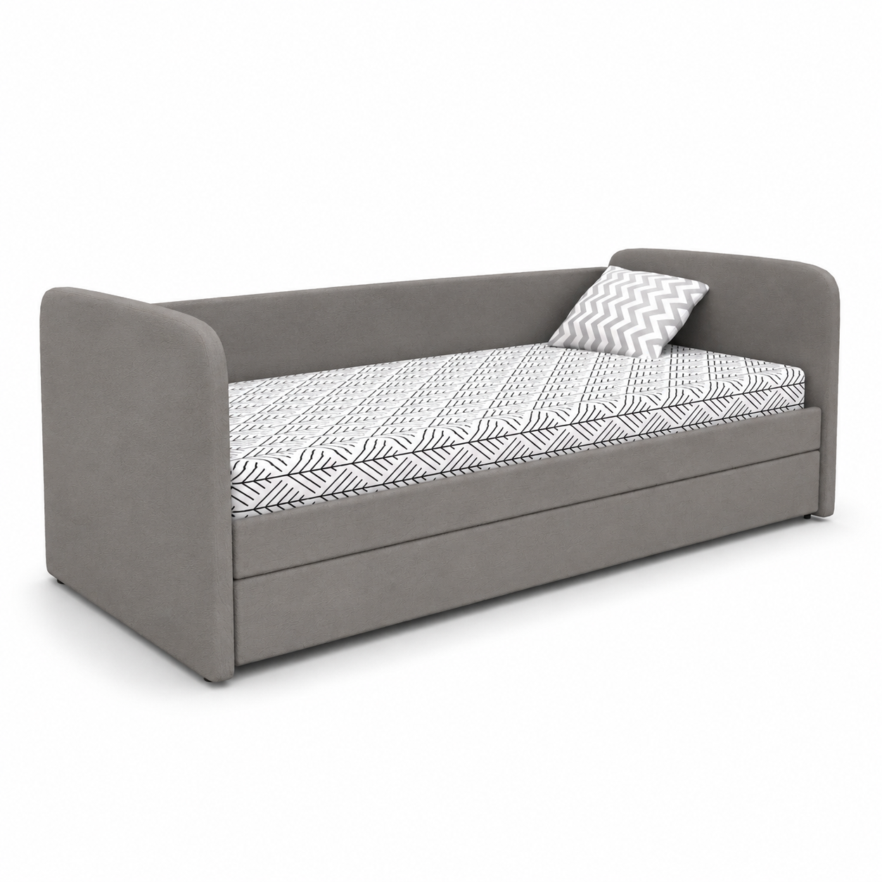 Gray Upholstered Daybed – Black Leaf Pattern Mattress 3D Model 1