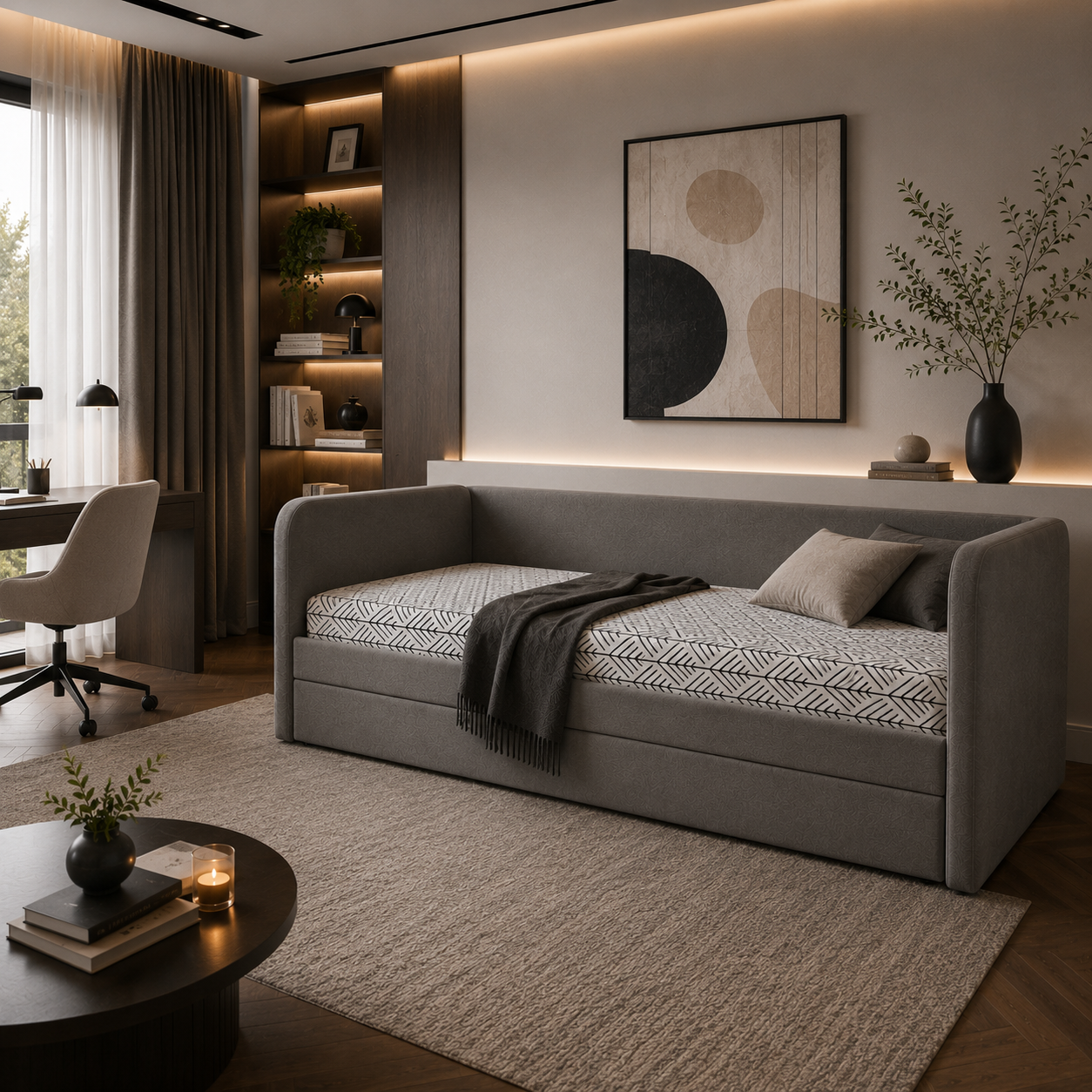 Gray Upholstered Daybed – Black Leaf Pattern Mattress 3D Model 4