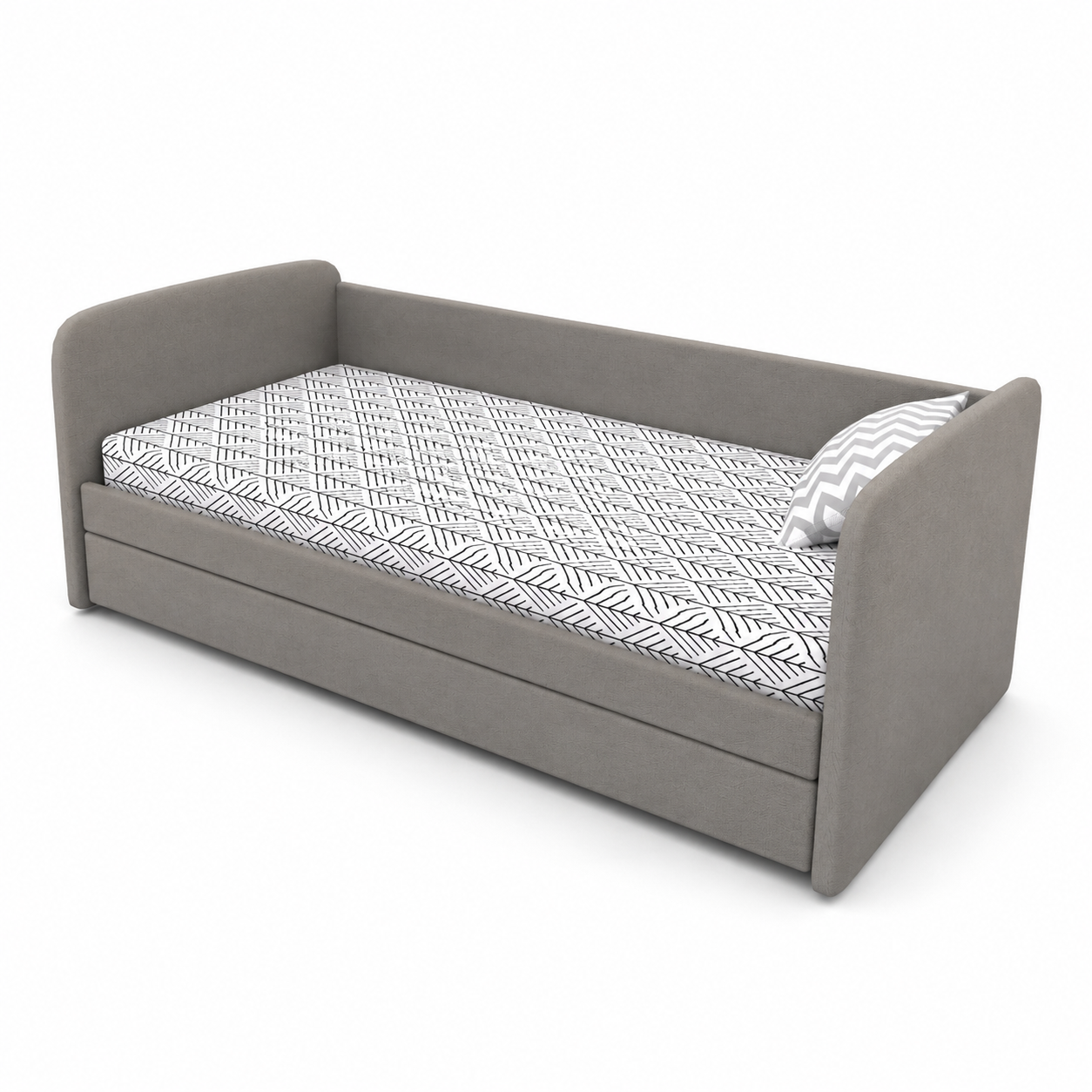 Gray Upholstered Daybed – Black Leaf Pattern Mattress 3D Model 3