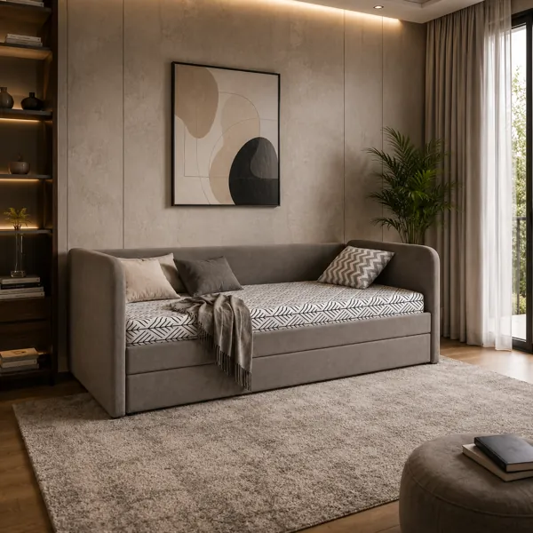 Gray Upholstered Daybed – Black Leaf Pattern Mattress 3D Model back