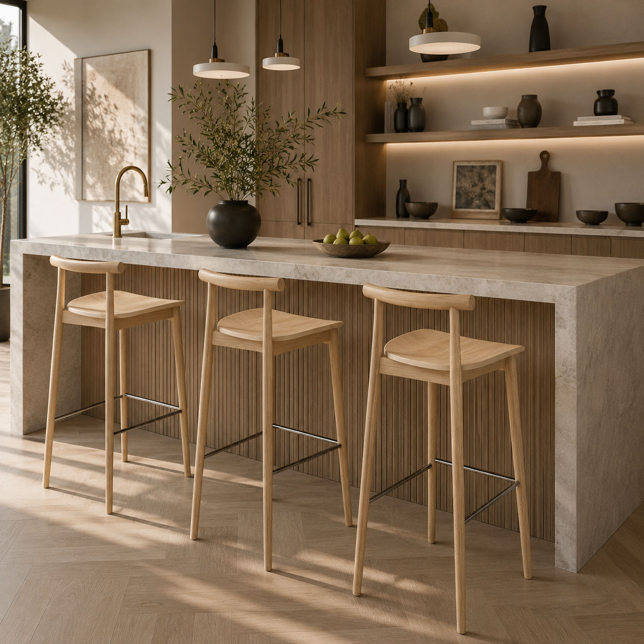 Light Wood Bar Stool – Chrome Footrest 3D Model 2