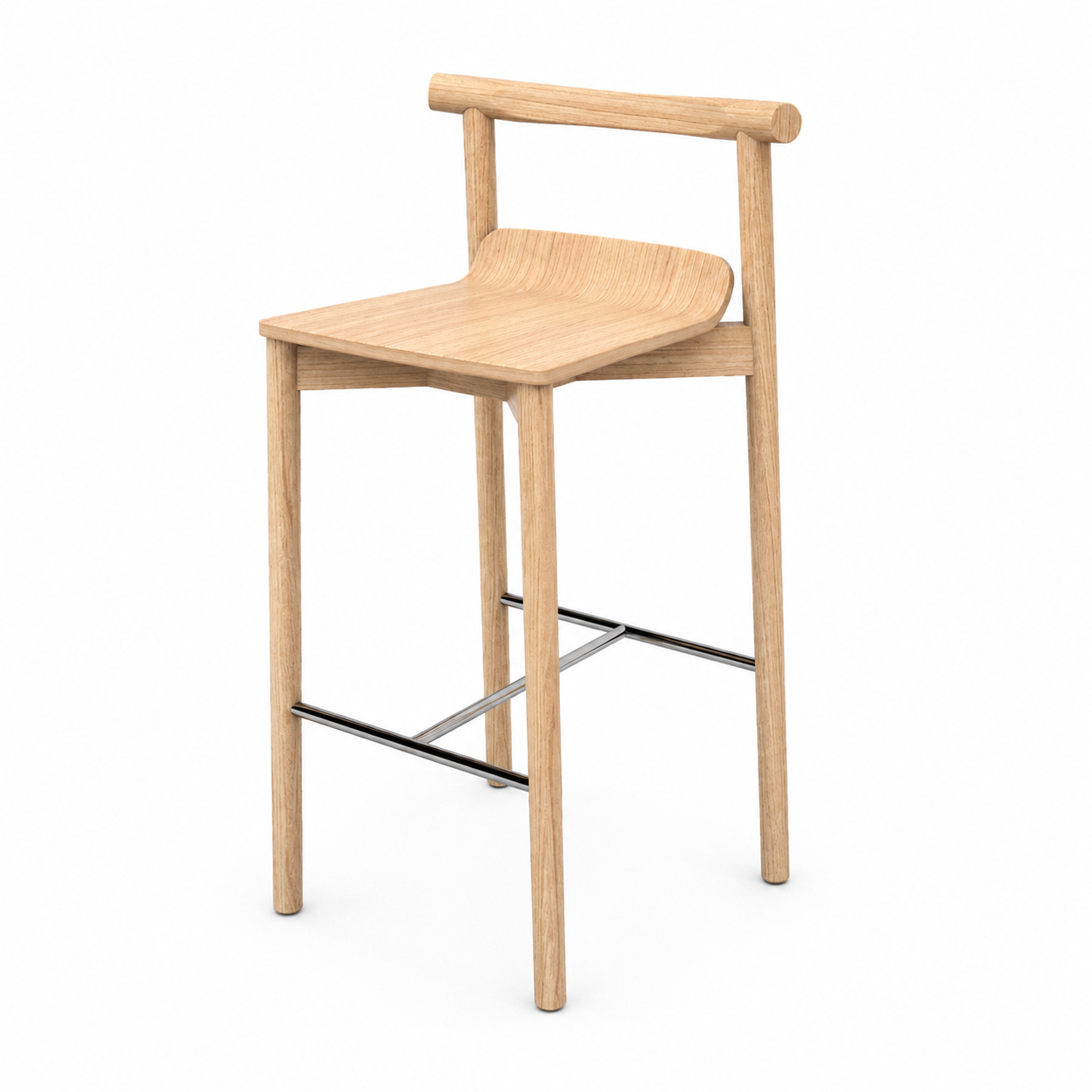 Light Wood Bar Stool – Chrome Footrest 3D Model 3