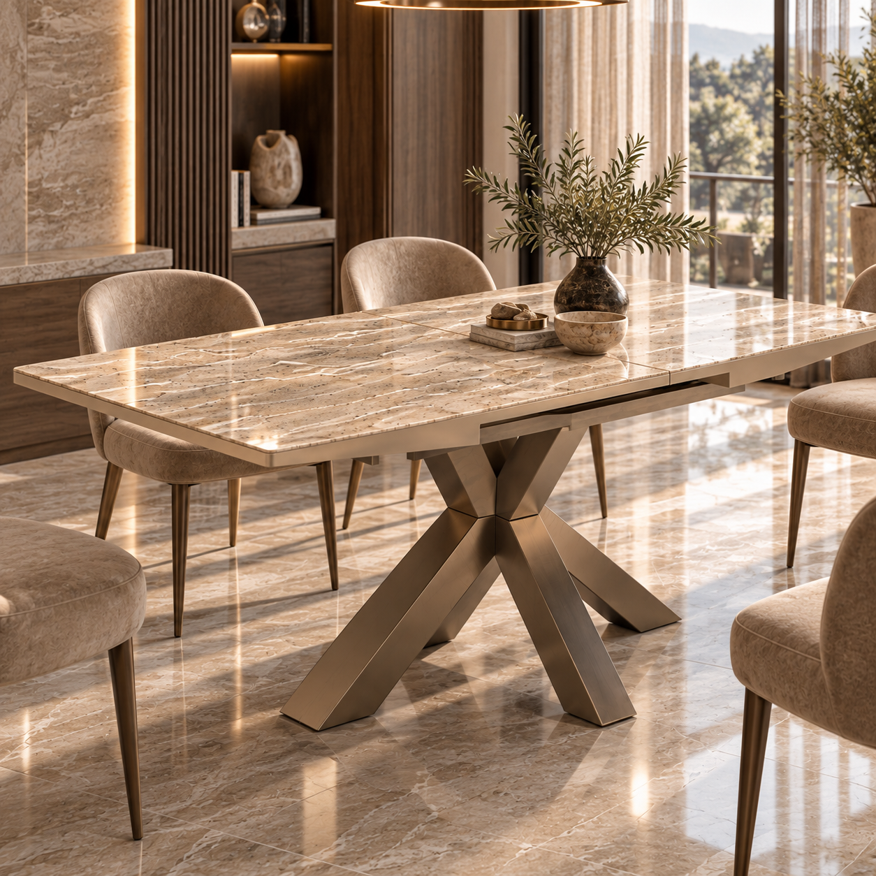 Beige Veined Marble Bronze X Base Dining Table 3D Model 2