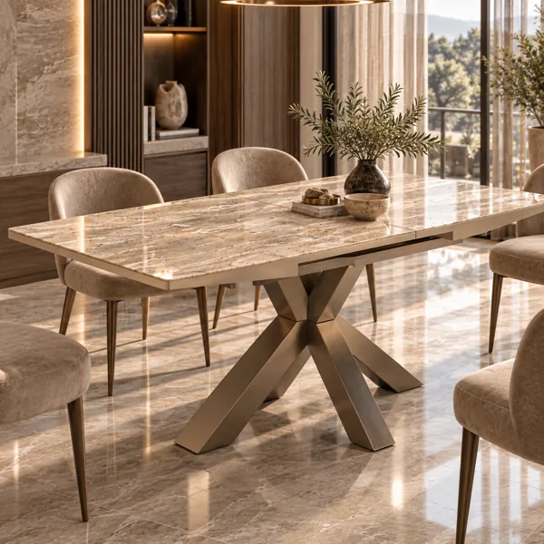 Beige Veined Marble Bronze X Base Dining Table 3D Model back