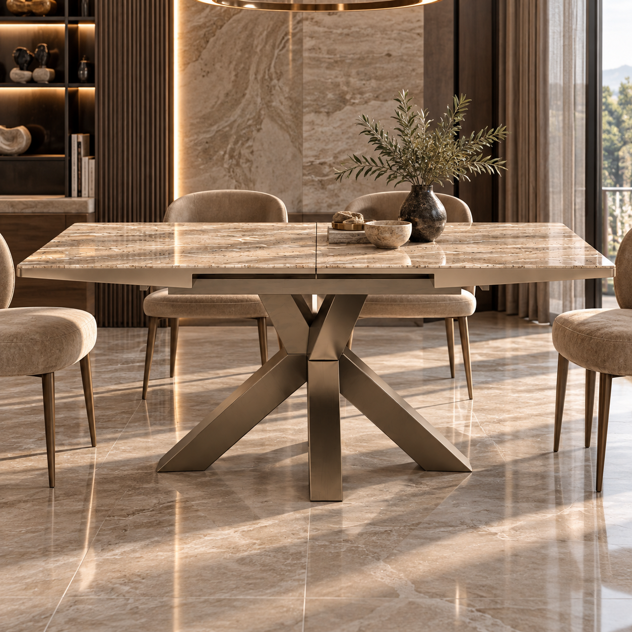 Beige Veined Marble Bronze X Base Dining Table 3D Model 4
