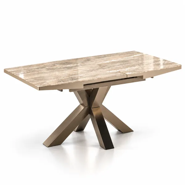 Beige Veined Marble Bronze X Base Dining Table 3D Model