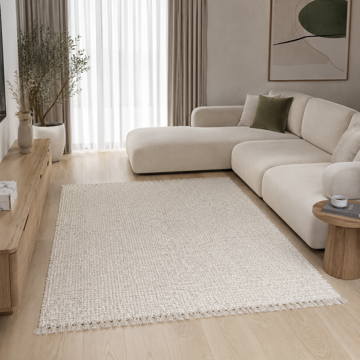 Ivory Textured Area Rug – Fringed Woven Edge 3