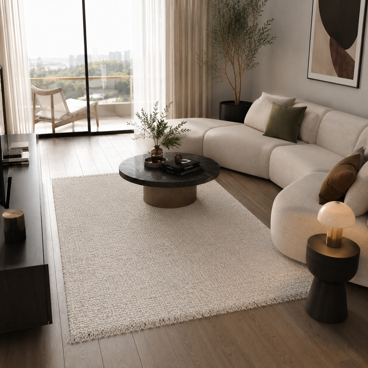 Ivory Textured Area Rug – Fringed Woven Edge 2