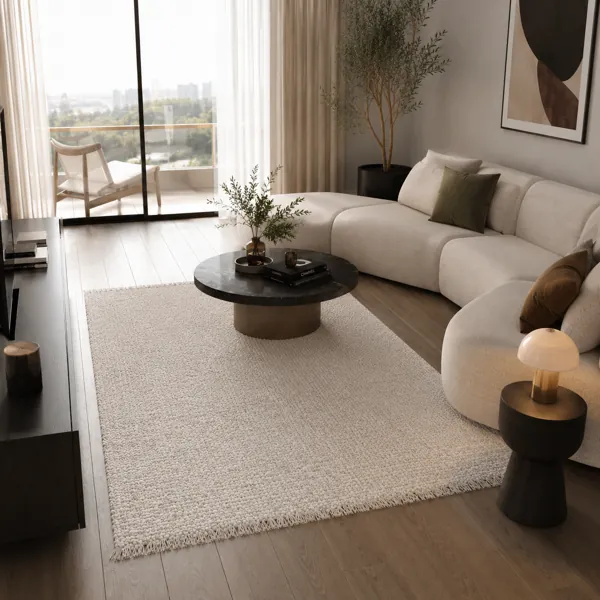 Ivory Textured Area Rug – Fringed Woven Edge back