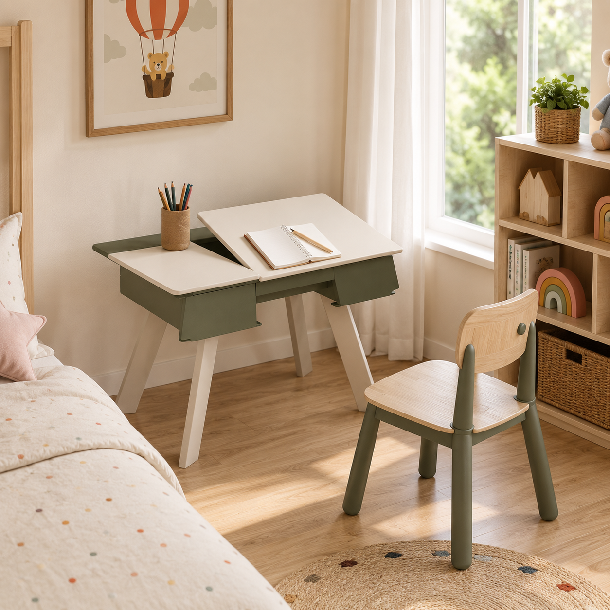 Cream & Olive Kids Study Desk – Split Tilt-Top 3D Model 3
