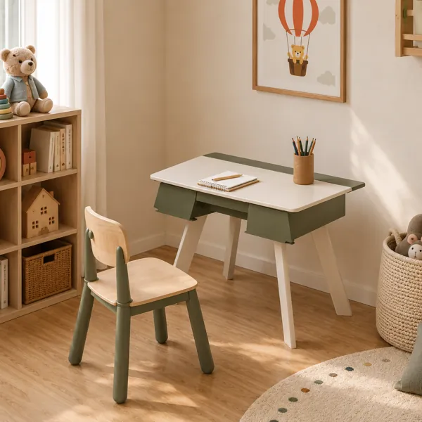 Cream & Olive Kids Study Desk – Split Tilt-Top 3D Model back