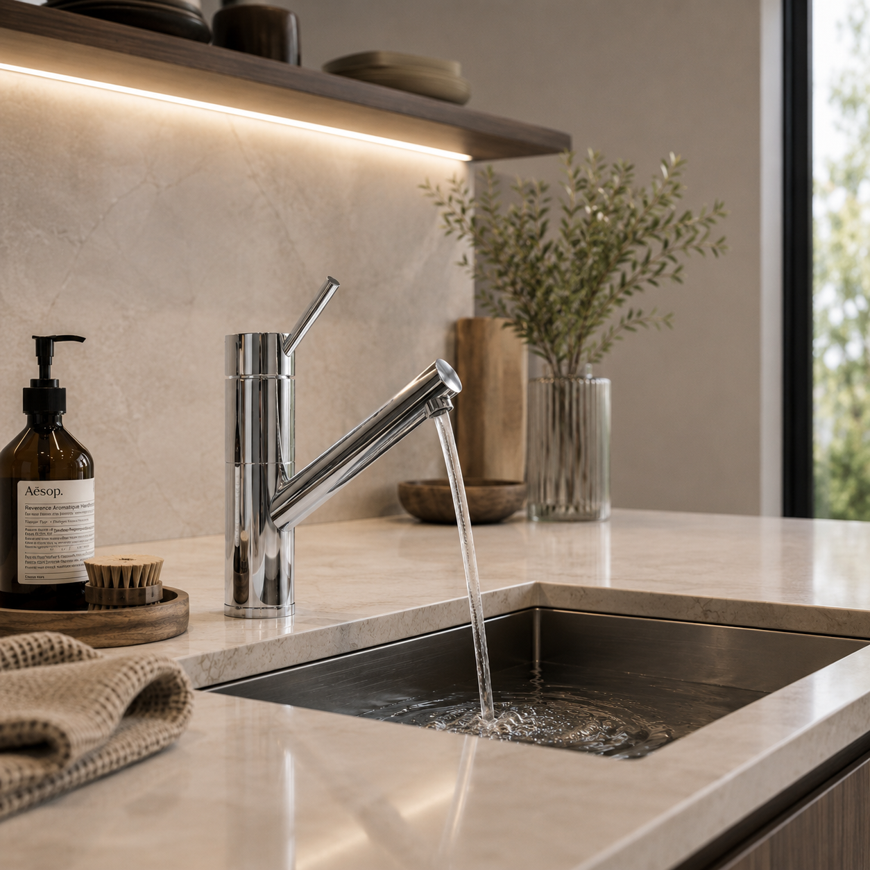 Polished Chrome Angled Spout Kitchen Faucet 3D Model 3