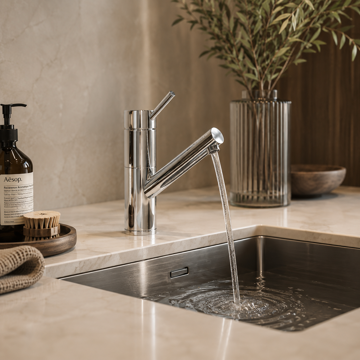 Polished Chrome Angled Spout Kitchen Faucet 3D Model 2