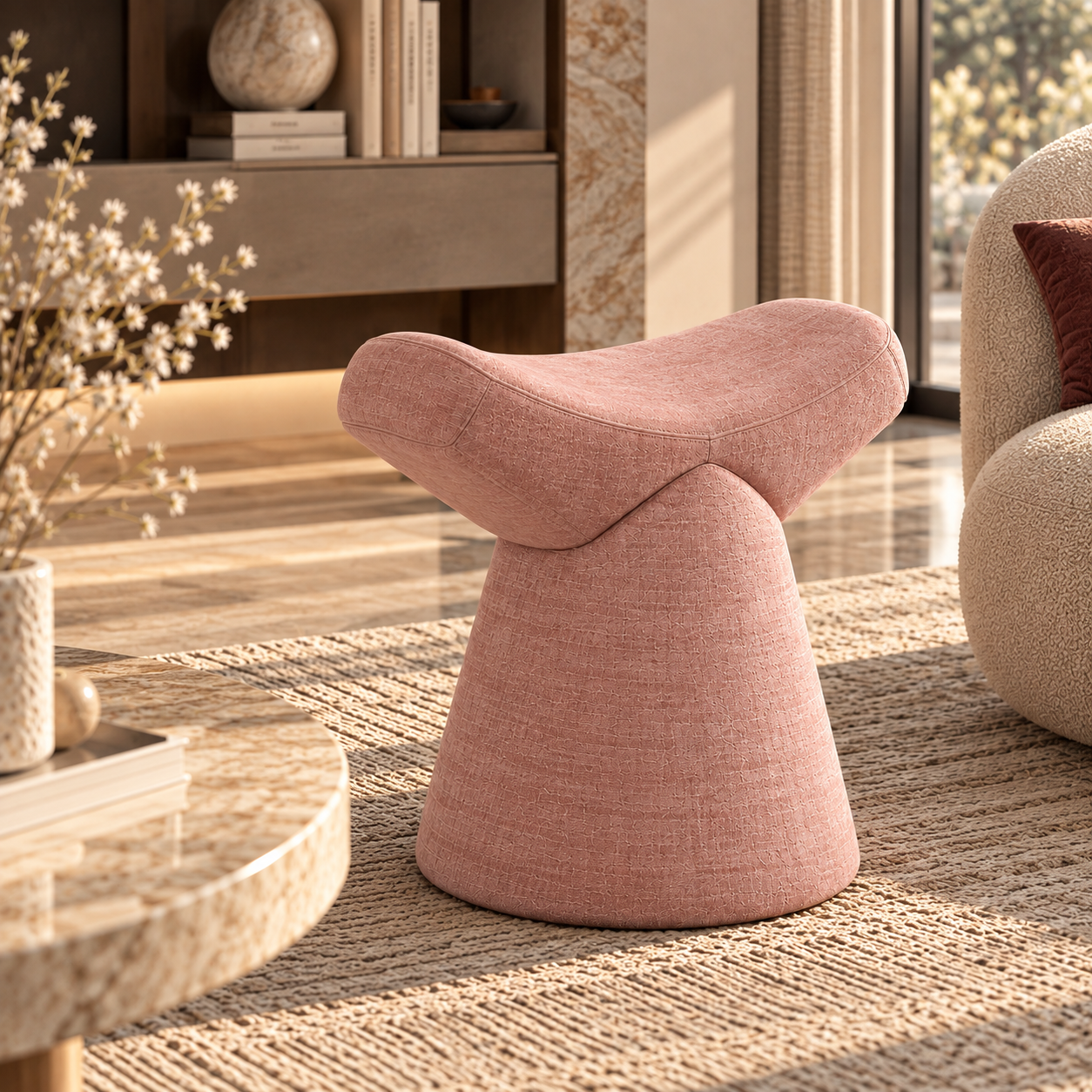 Dusty Pink Sculptural Fabric Stool 3D Model 2