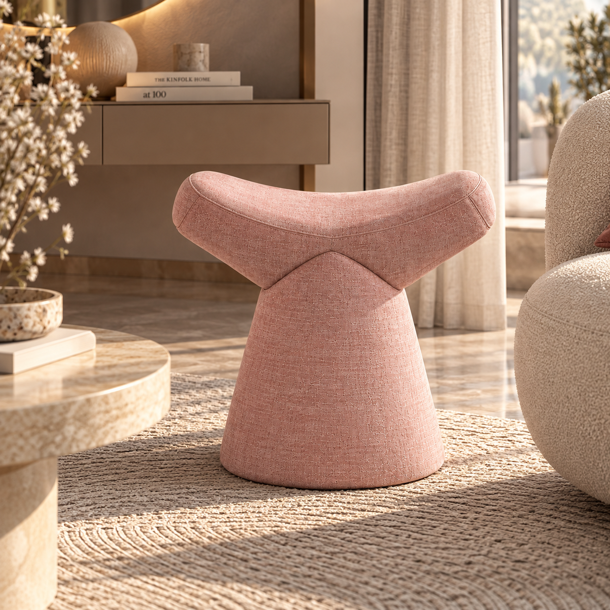Dusty Pink Sculptural Fabric Stool 3D Model 4