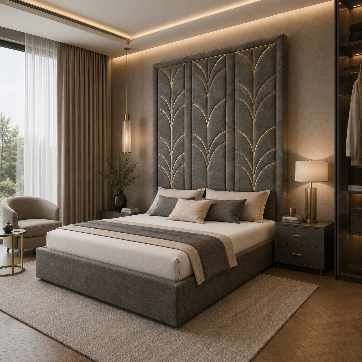 Grey Upholstered Bed 3D Model 2
