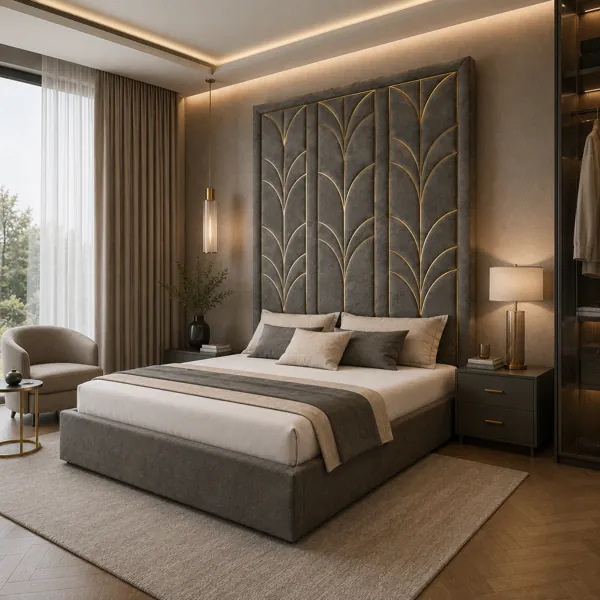 Grey Upholstered Bed 3D Model back