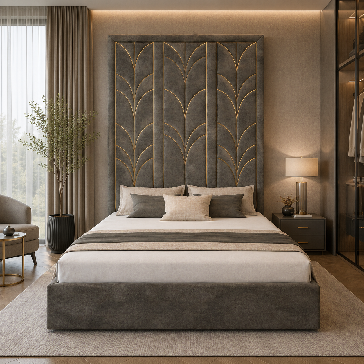 Grey Upholstered Bed 3D Model 4