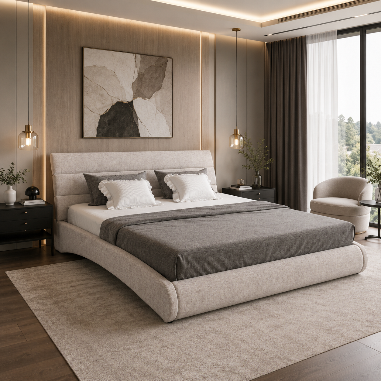 Ivory Beige Horizontal-Channel Curved Upholstered Bed 3D Model 2