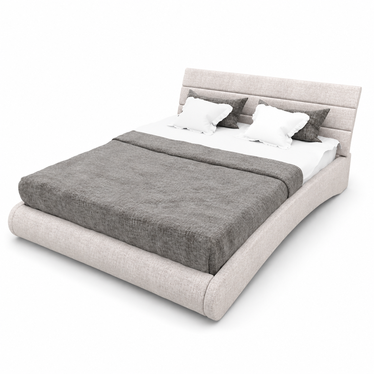 Ivory Beige Horizontal-Channel Curved Upholstered Bed 3D Model 3