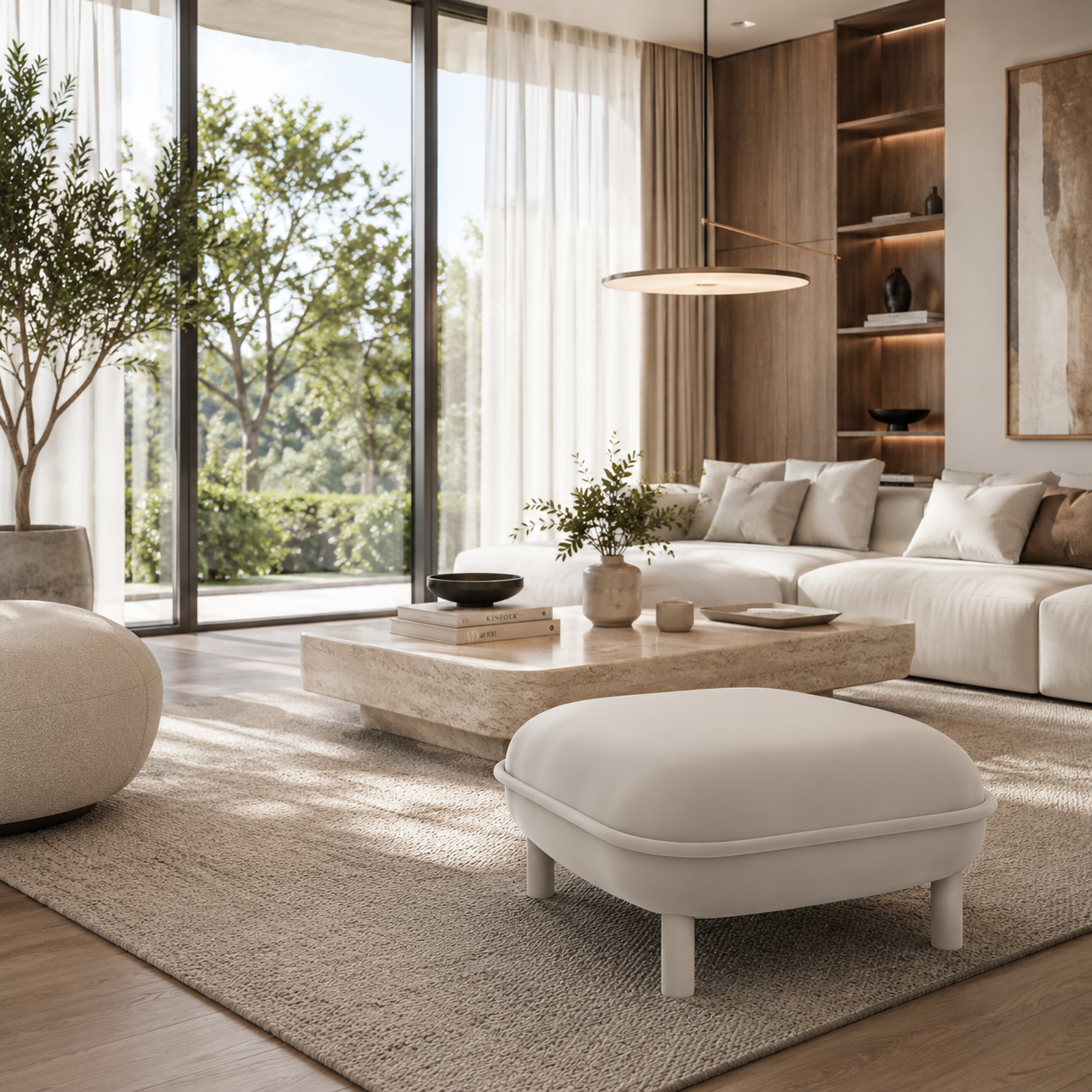 Ivory Rounded Ottoman – Raised Piped Edge 3D Model 2