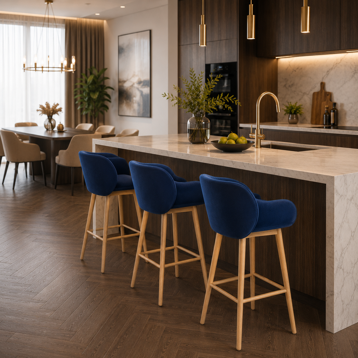 Navy Blue Velvet Bar Chair with Wraparound Back 3D Model 4
