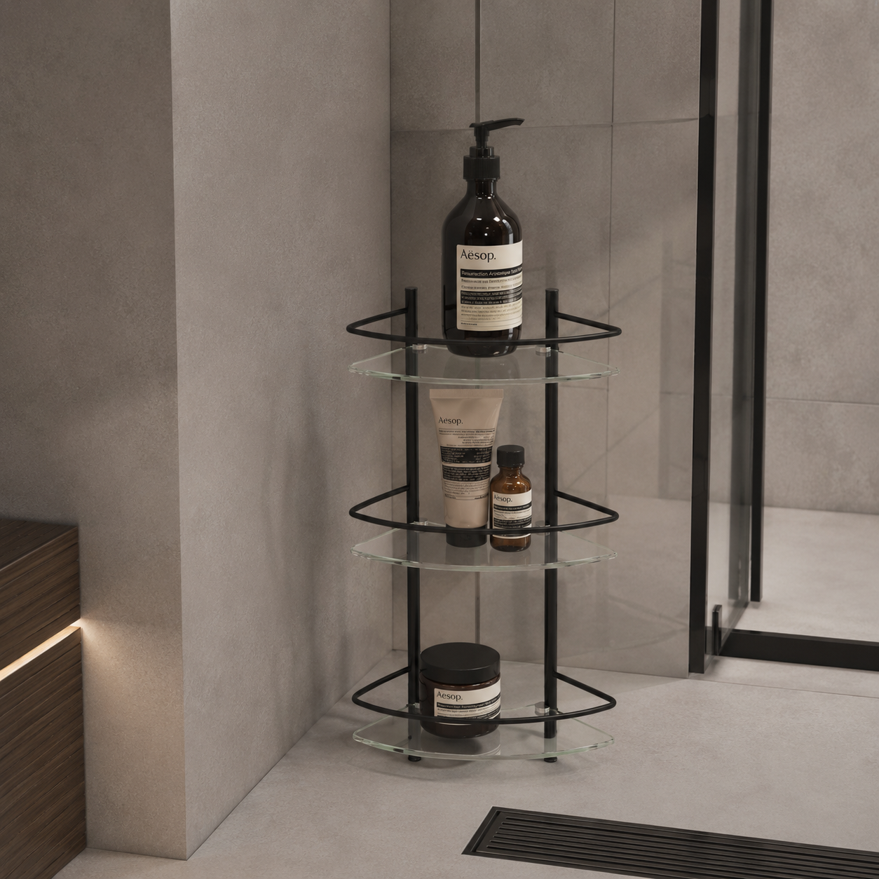 Three-Tier Glass Bathroom Shelf – Black Metal Frame 3D Model 3