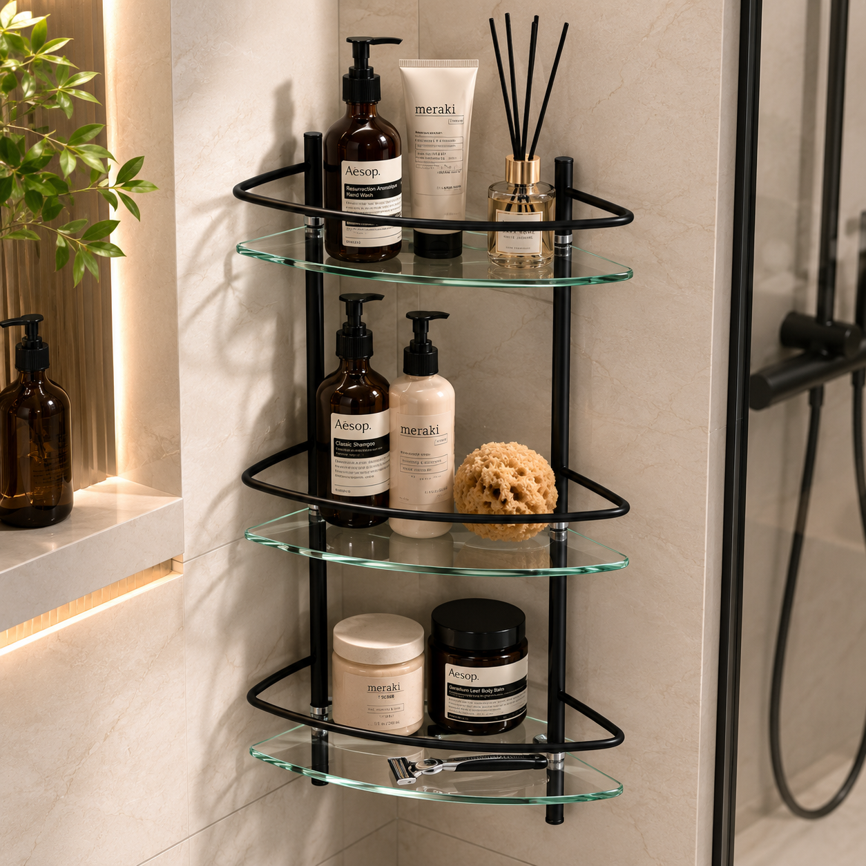 Three-Tier Glass Bathroom Shelf – Black Metal Frame 3D Model 2