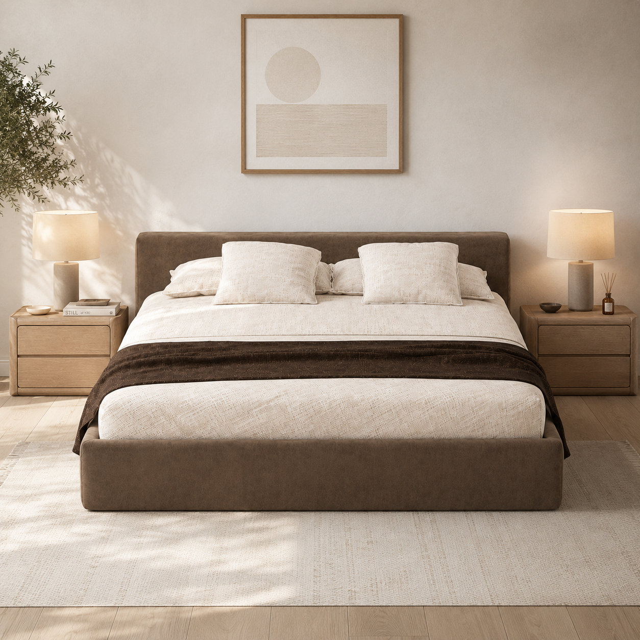 Brown Velvet Low-Profile Bed with Wide Headboard 3D Model 4