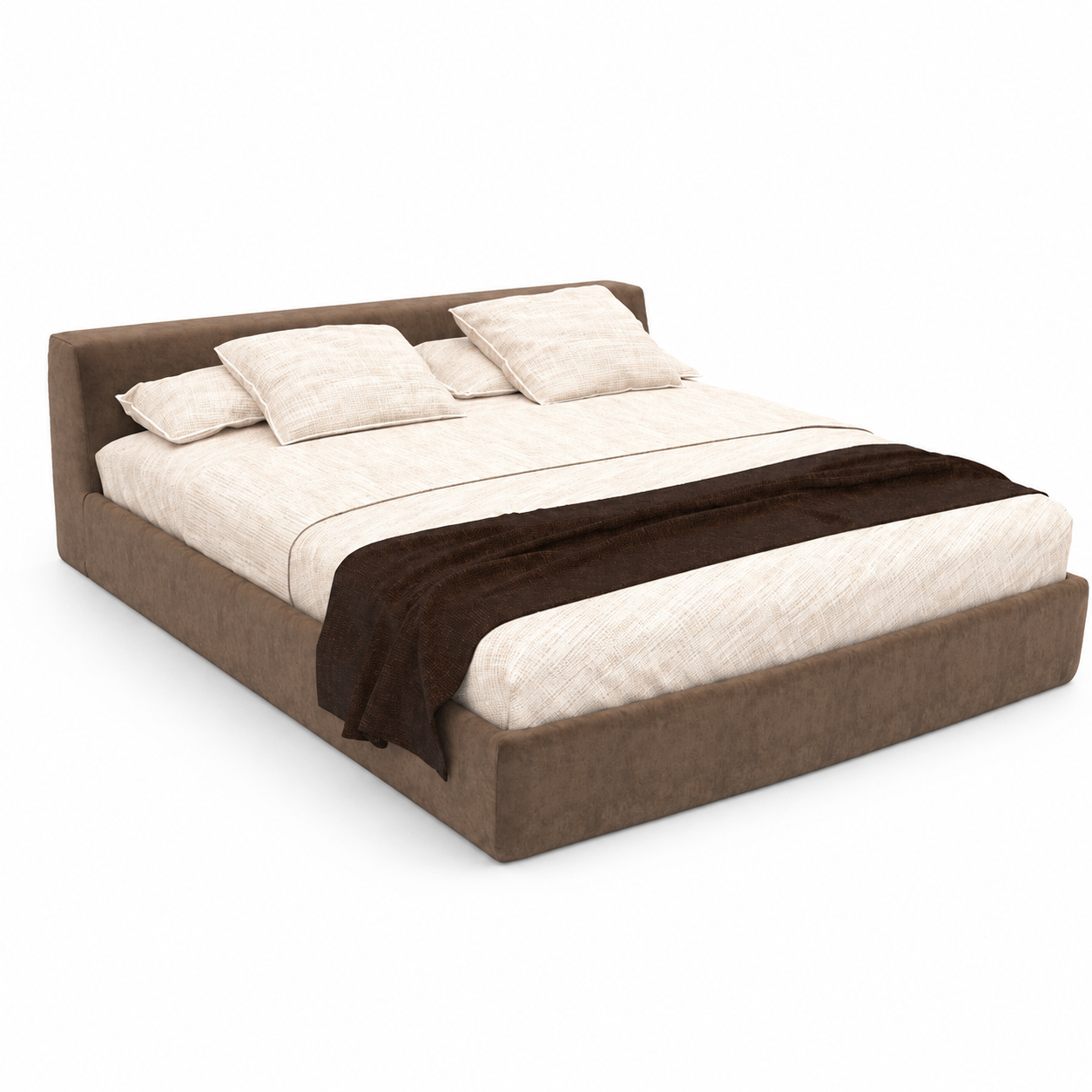 Brown Velvet Low-Profile Bed with Wide Headboard 3D Model 1