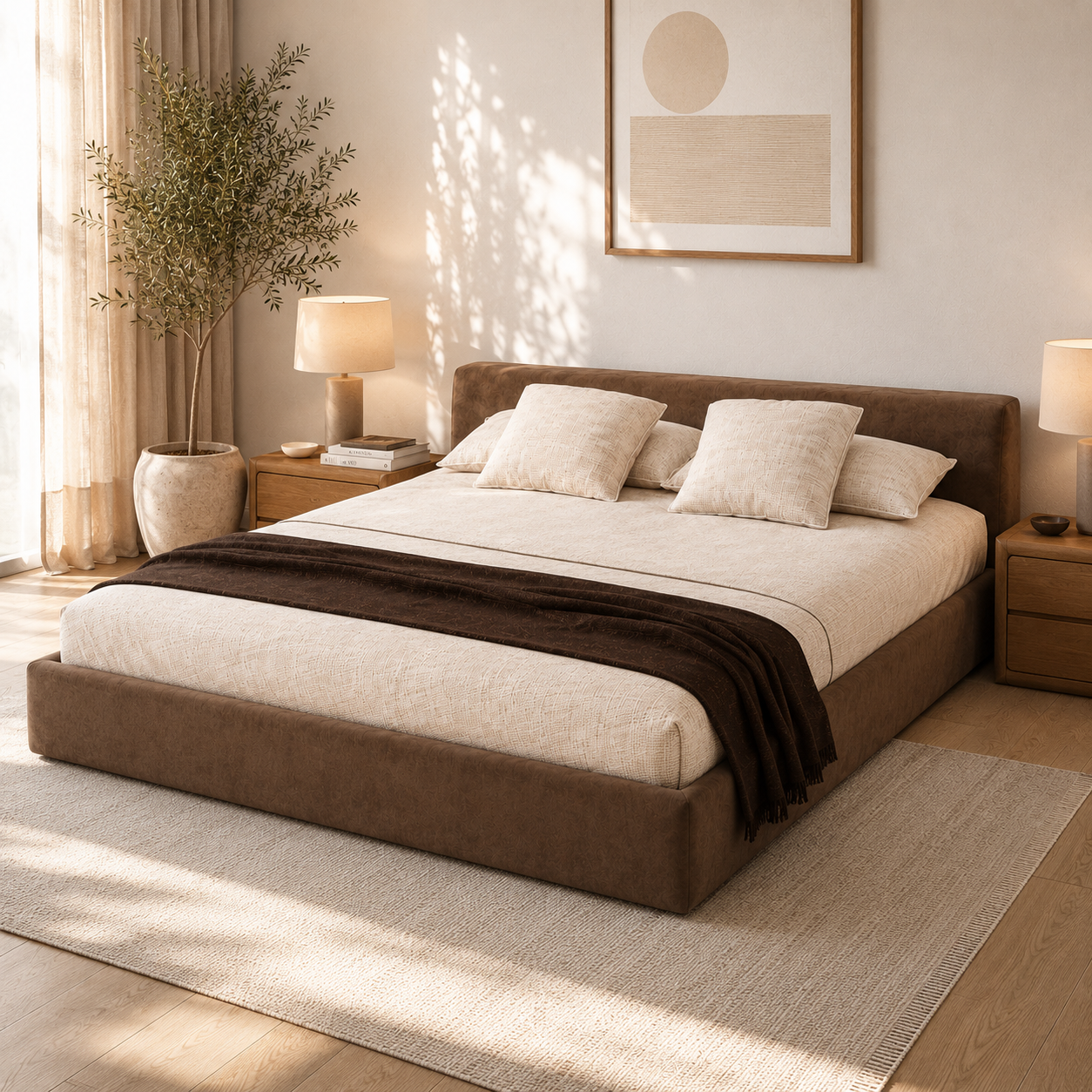 Brown Velvet Low-Profile Bed with Wide Headboard 3D Model 2