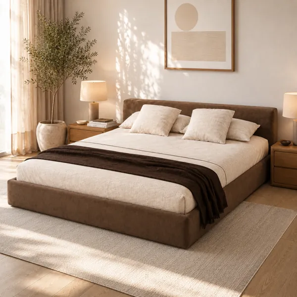 Brown Velvet Low-Profile Bed with Wide Headboard 3D Model back