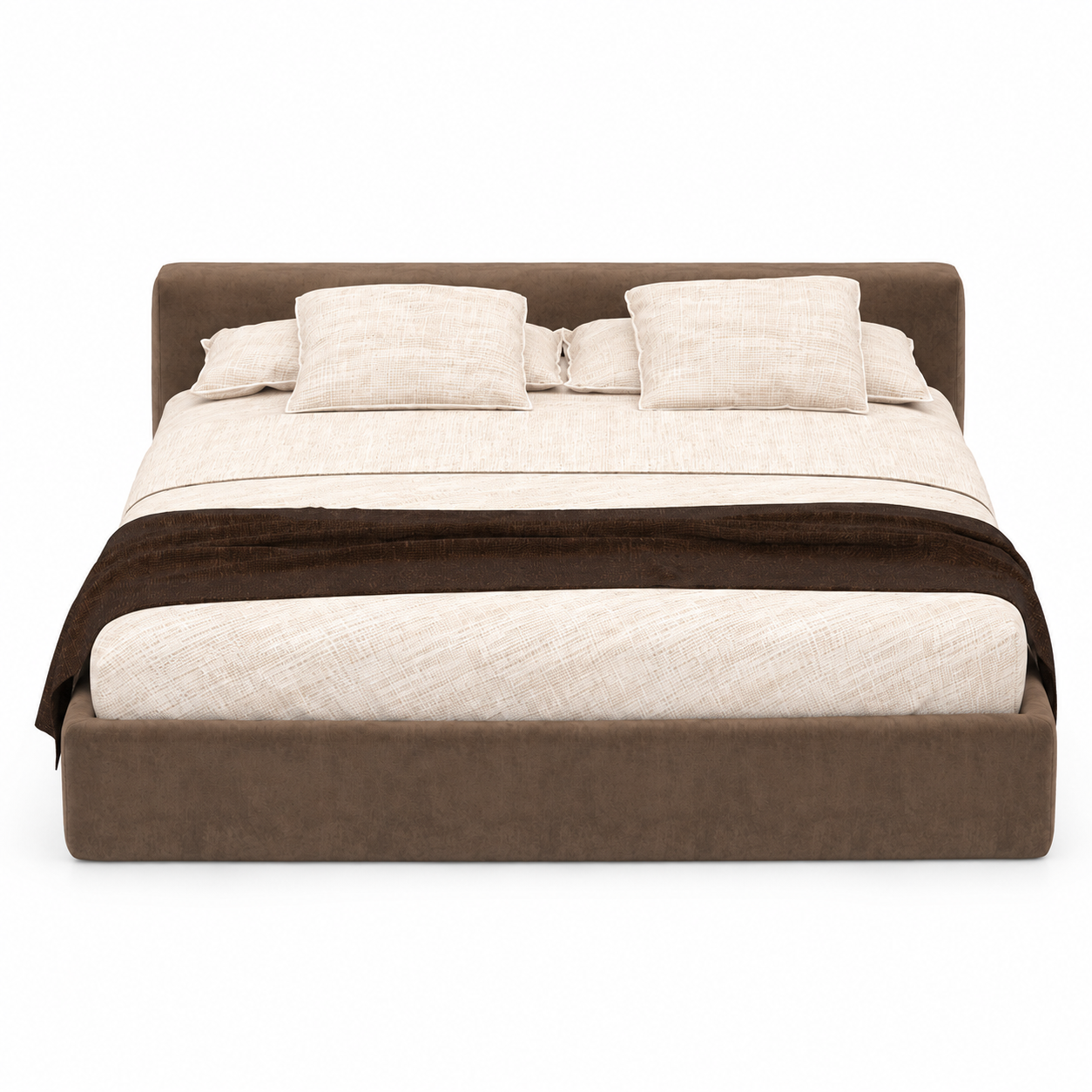 Brown Velvet Low-Profile Bed with Wide Headboard 3D Model 3