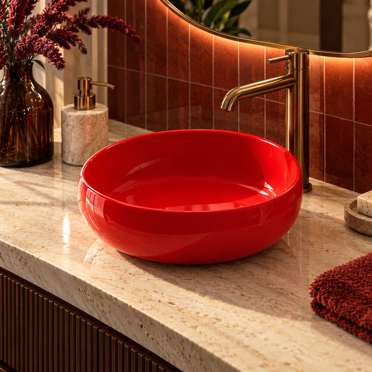Glossy Red Round Vessel Washbasin 3D Model 4