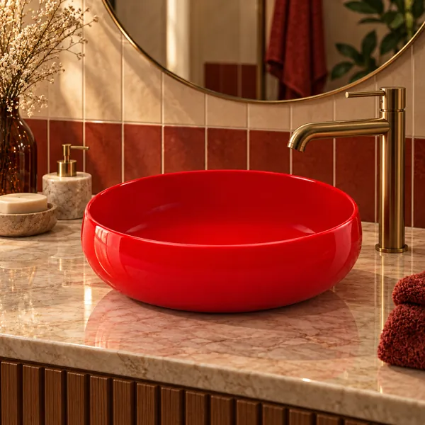 Glossy Red Round Vessel Washbasin 3D Model back