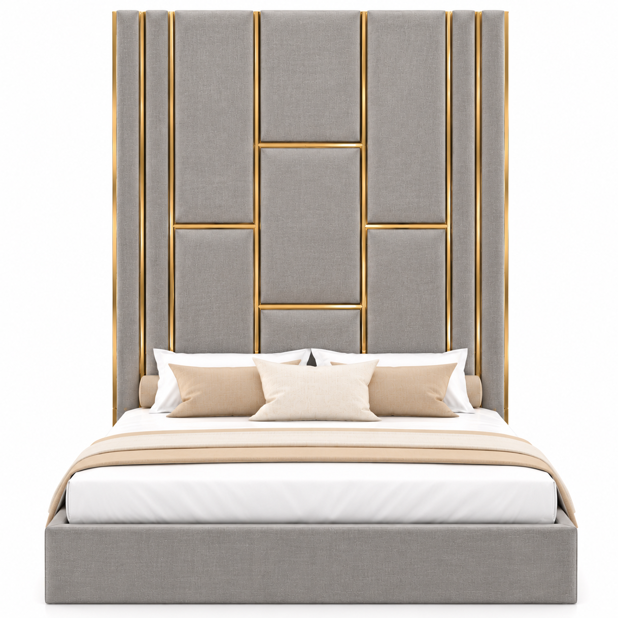 Beige Gold Trim Tall Headboard Bed 3D Model 3