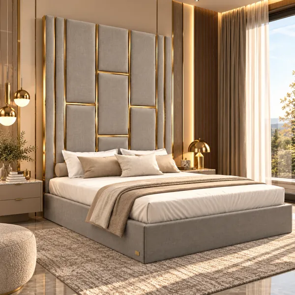 Beige Gold Trim Tall Headboard Bed 3D Model back
