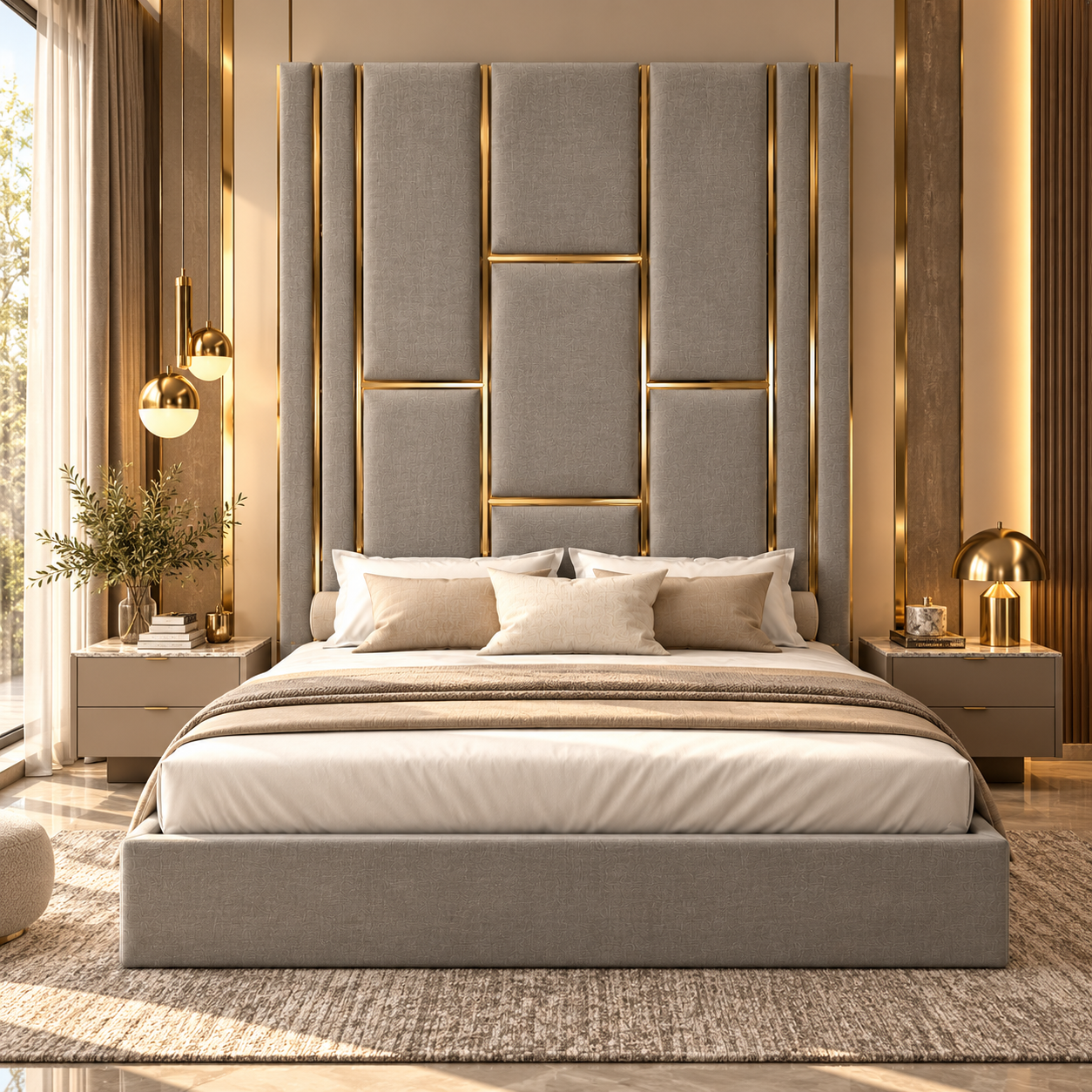 Beige Gold Trim Tall Headboard Bed 3D Model 4