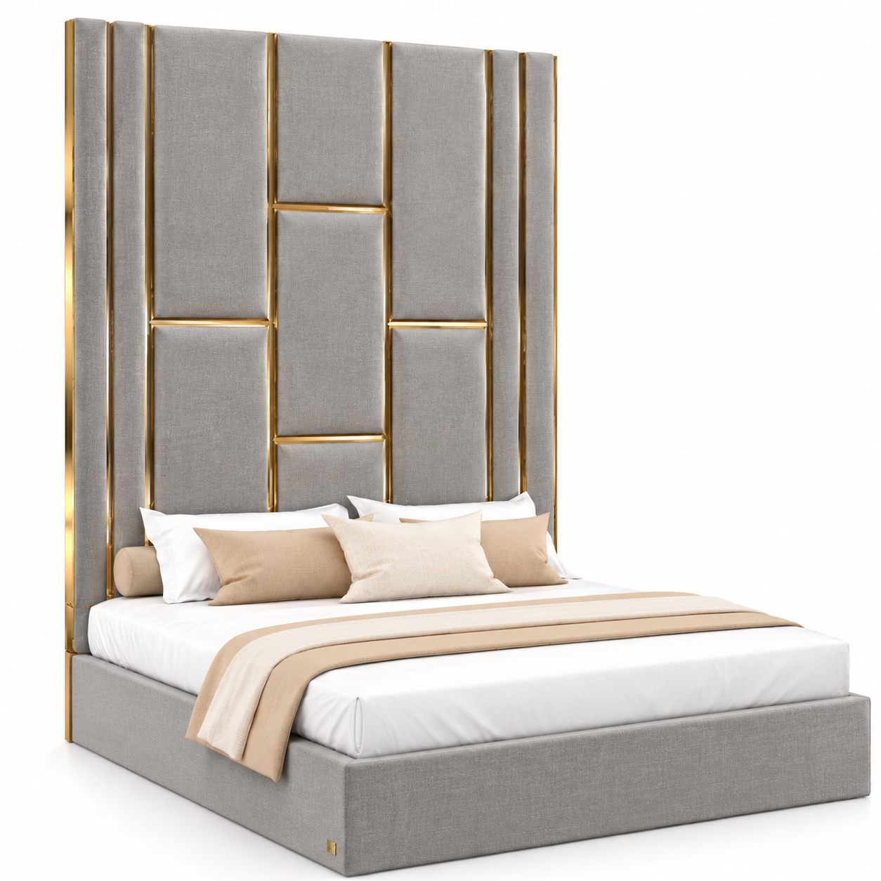 Beige Gold Trim Tall Headboard Bed 3D Model