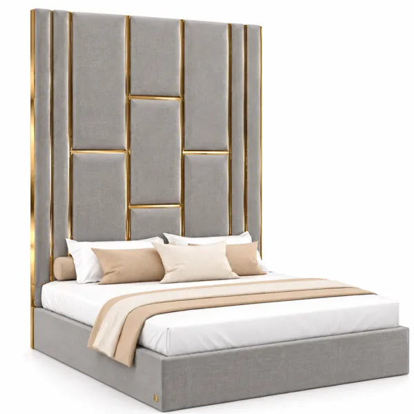Beige Gold Trim Tall Headboard Bed 3D Model