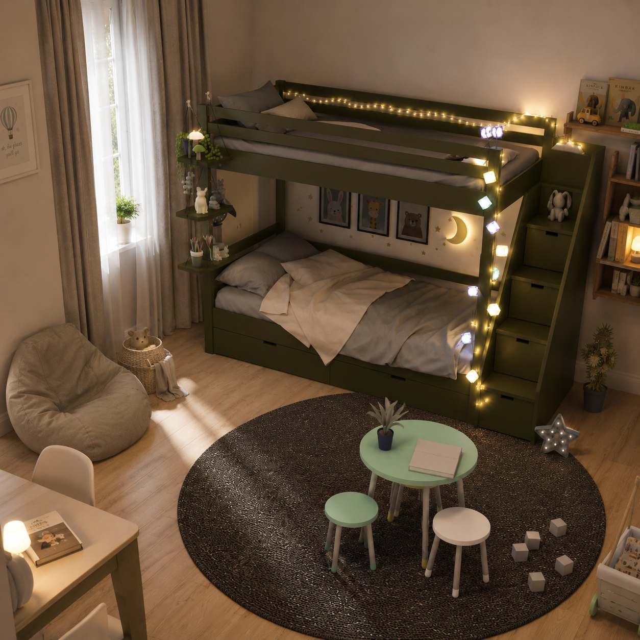 Olive Green Kids Loft Bed Set with Stair Storage 3D Model 3