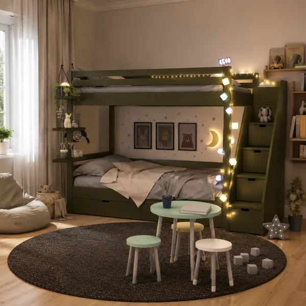 Olive Green Kids Loft Bed Set with Stair Storage 3D Model back