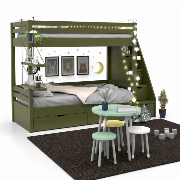 Olive Green Kids Loft Bed Set with Stair Storage 3D Model