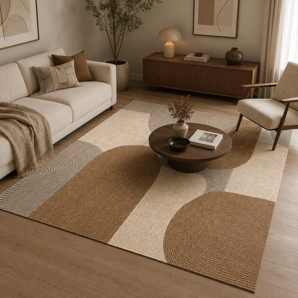 Modern Geometric Rug – Brown Beige Concentric Arches 2