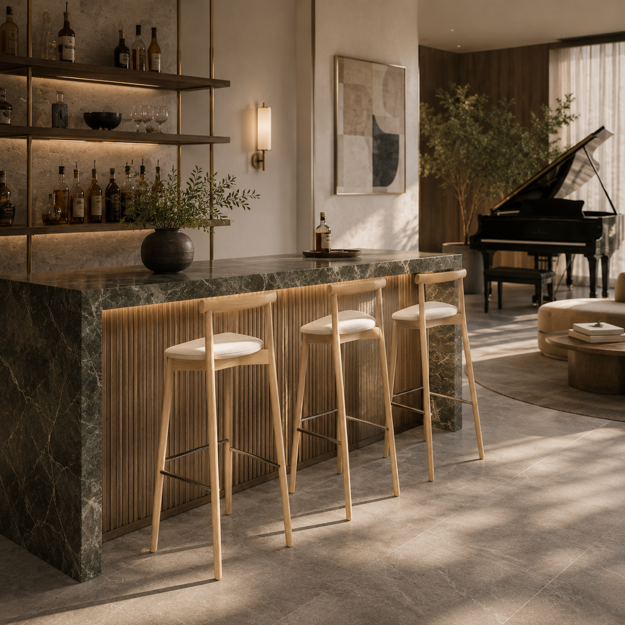Light Wood Bar Stool – Cream Fabric Seat 3D Model 4