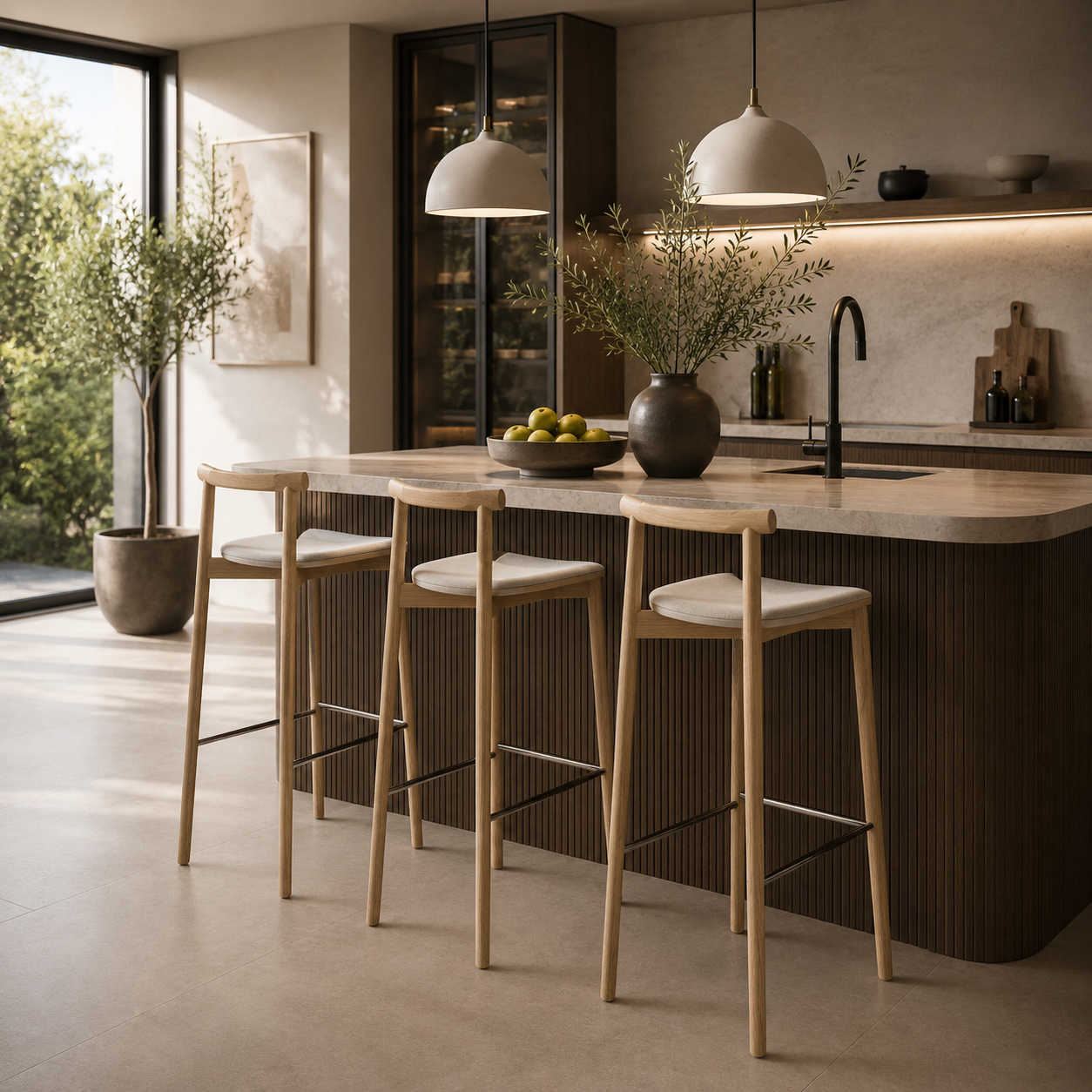 Light Wood Bar Stool – Cream Fabric Seat 3D Model 2