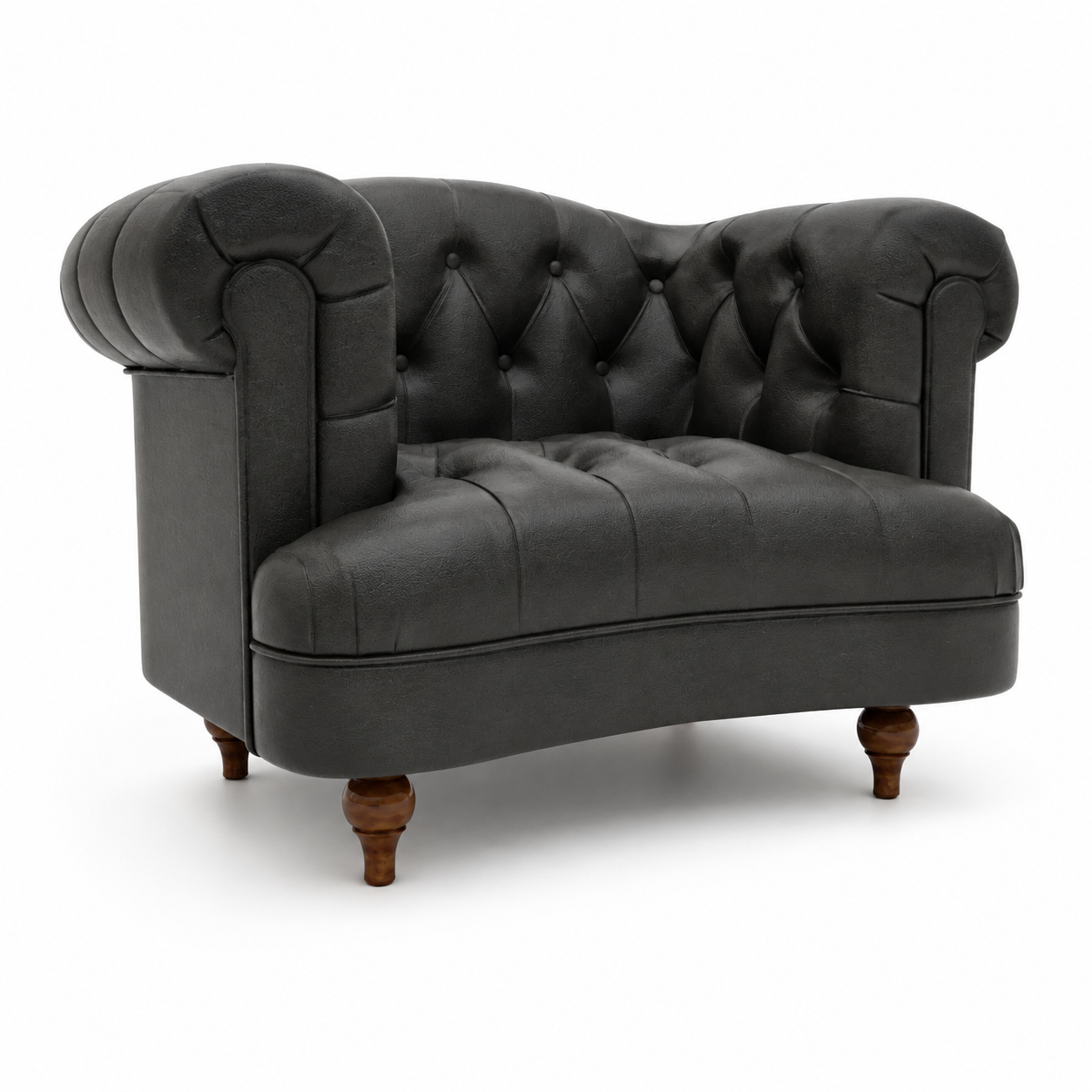 Black Tufted Leather Club Armchair – Rolled Arms 3D Model 1