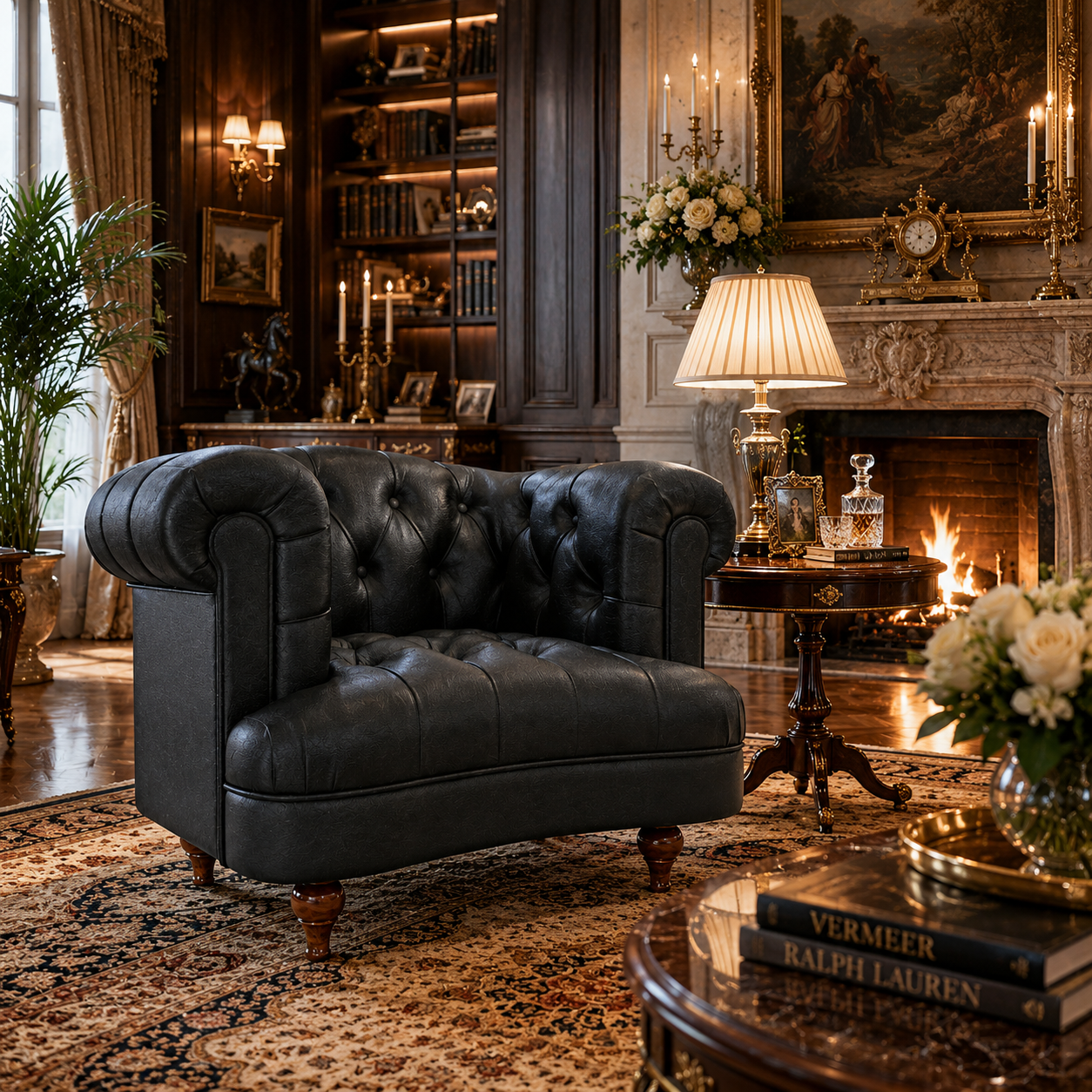 Black Tufted Leather Club Armchair – Rolled Arms 3D Model 2
