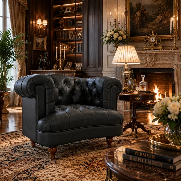 Black Tufted Leather Club Armchair – Rolled Arms 3D Model back