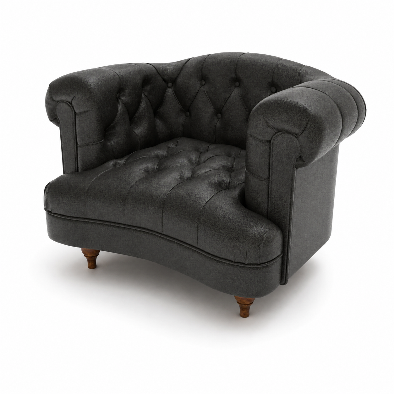 Black Tufted Leather Club Armchair – Rolled Arms 3D Model 3